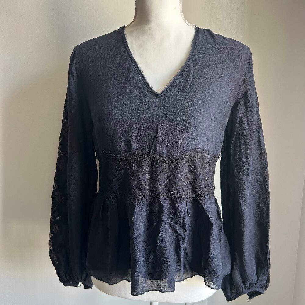 3.1 Phillip Lim Silk Navy V-Neck Blouse Lace Classy Quiet Luxury Top Size 0